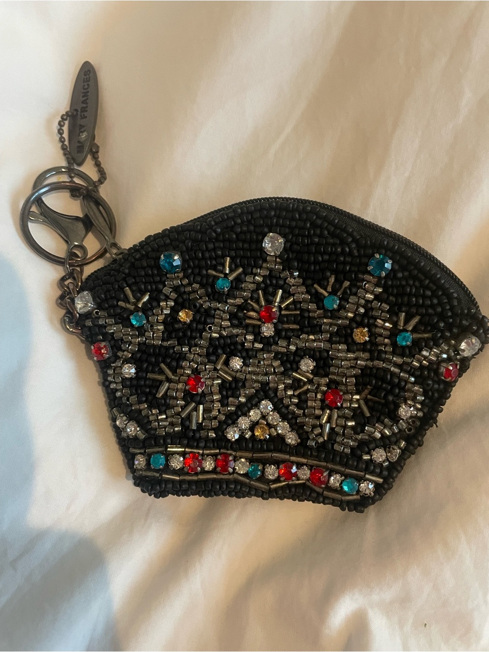 Embellished Black Beaded Crown Coin Pouch with Jewel Accents